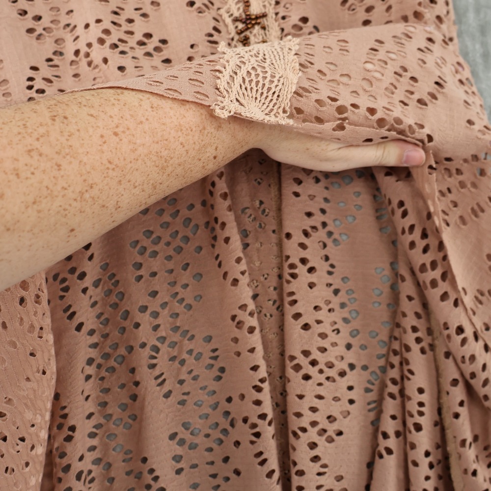 Free People Mini Dress Womens Med Brown Boho Eyelet Beaded Crochet Tunic Coverup - Picture 7 of 15